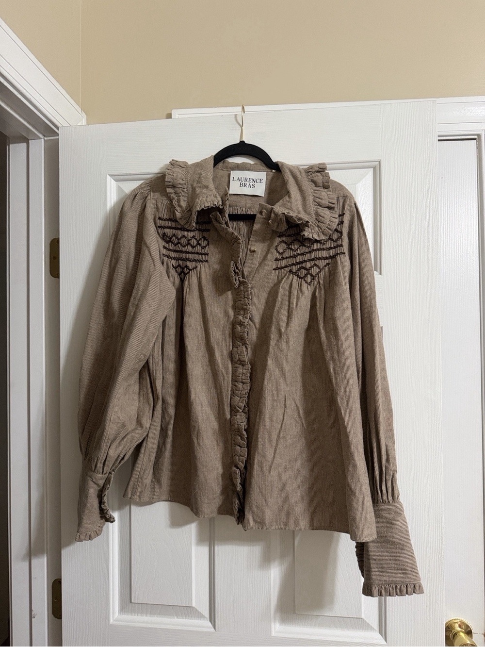 Laurence Bras Brown Embroidered Puff Sleeve Ruffle Button Down Collared Blouse